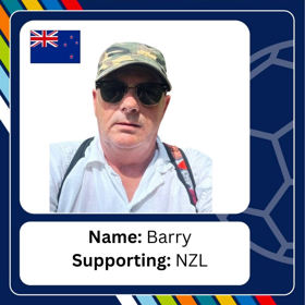 Older white man in baseball cap and dark glasses, with caption 'Name: Barry; Supporting: NZL'.