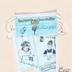Stitched artwork on three disposable face masks; a beacon of light with 'How many doses have we got left?' written, and two nurses wearing face masks with illegible scrawl.