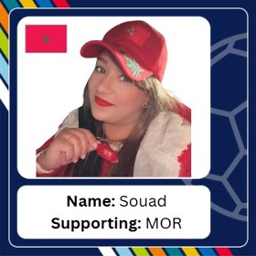 Smiling young woman red baseball cap, with caption 'Name: Souad; Supporting: MOR'.