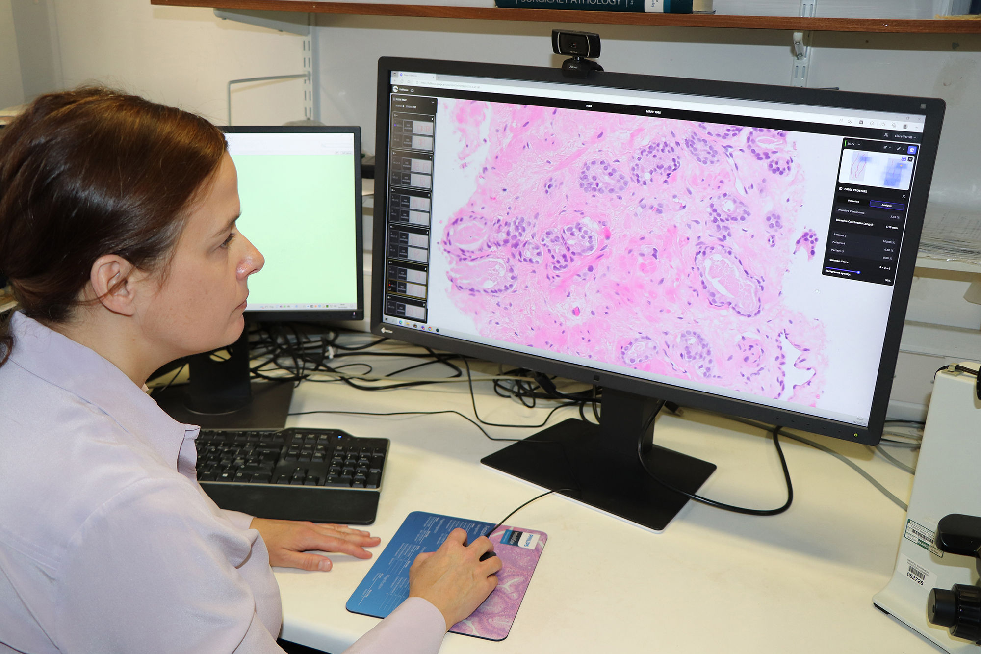 woman (Professor Verrill) looking at a digital pathology slide on a computer screen 