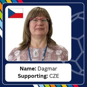 Long-haired woman in patterned T-shirt and glasses, with caption 'Name: Dagmar; Supporting: CZE'.