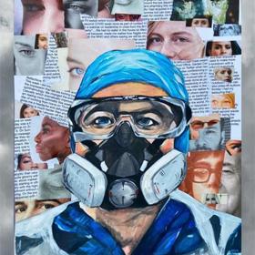 Collage of faces and text, with clinician wearing PPE in foreground.