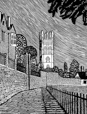 Monochrome stylised print of a cobbled pavement with railing and shadow to the right, a row of houses and church tower behind a high wall to the left