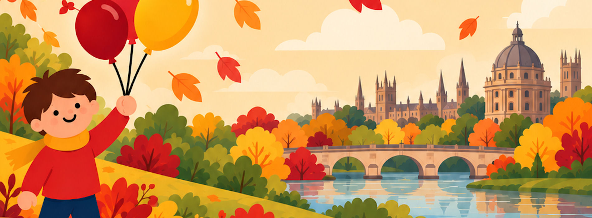 Naive illustration of boy holding balloons in Oxford on an autumn day.