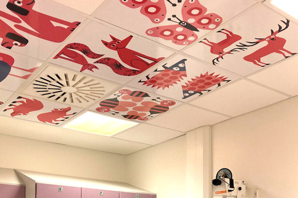 Square ceiling tiles with naive images of foxes, hedgehogs, butterflies, dogs and deer painted on them.