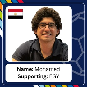 Smiling man with curly hair in glasses and short-sleeved shirt, with caption 'Name: Mohamed; Supporting: EGY'.