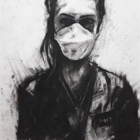 Black and white artwork of clinician wearing face mask.