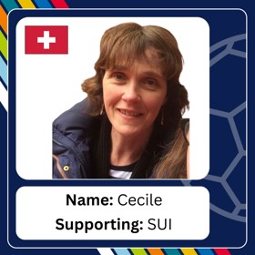 Long haired woman in anorak and striped shirt, with caption 'Name: Cecile; Supporting: SUI'.