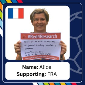 Grinning woman holds up a paper with '#Red4Research' printed on it, and other text handwritten underneath, with caption 'Name: Alice; Supporting: FRA'.