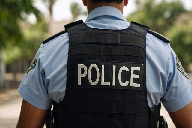 A rear view of a police officer wearing a light blue shirt and a black tactical vest with the word POLICE on the back.