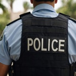 A rear view of a police officer wearing a light blue shirt and a black tactical vest with the word POLICE on the back.