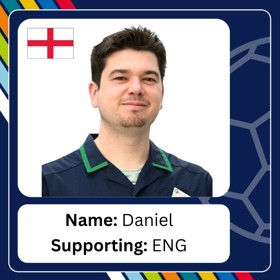 Smiling young man in healthcare uniform shirt, with caption 'Name: Daniel; Supporting: ENG'.
