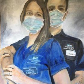 Painting of two clinicians wearing masks, one with their arms around the other.