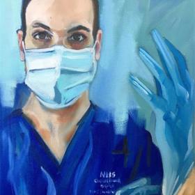 Painting of an OUH clinician wearing a mask and putting on gloves