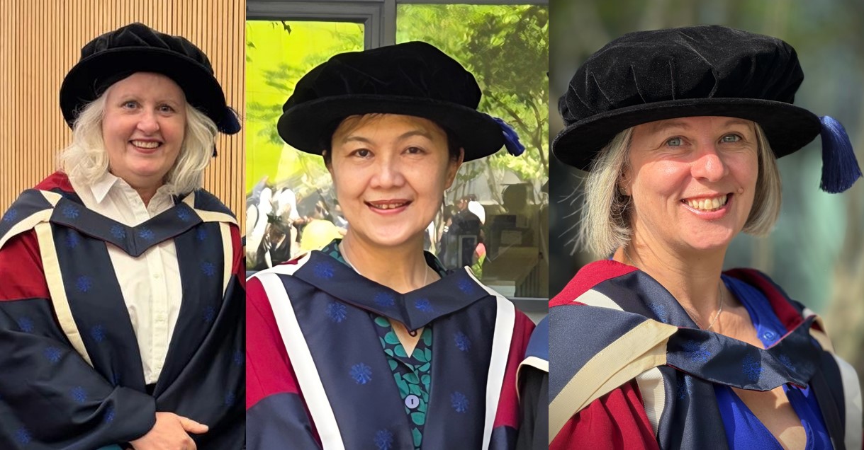 Composite picture of Carol, Lian and Diana in their graduation gowns and hats