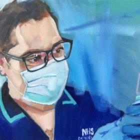 Painting of a clinician wearing a mask and gloves.