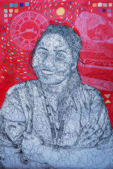 Modern stylised painting of smiling woman with arms folded