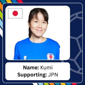 Young Japanese woman in blue football shirt with caption 'Name: Kumi; Supporting: JPN'.