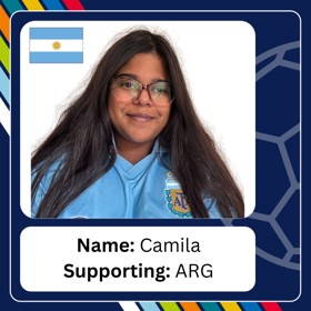 Smiling long-haired woman with glasses, with caption 'Name: Camila; Supporting: ARG'.