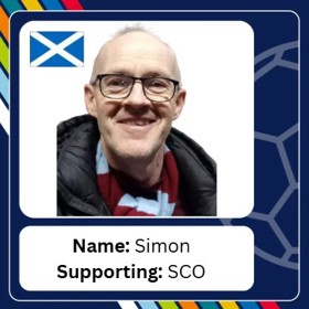 Cheerful man in striped scarf, jacket and glasses, with caption 'Name: Simon; Supporting: SCO'.