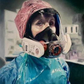 Painting of a clinician wearing PPE