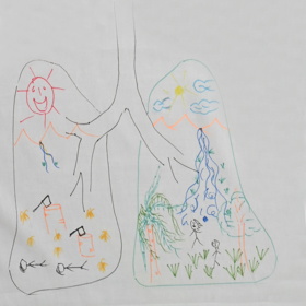 Childlike drawing; an outline of lungs, cut trees and collapsed human figures in one, growing trees and standing human figures in the other.