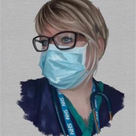 Head and shoulders painting of clinician wearing mask and NHS lanyard.