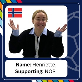 Smiling blonde woman in dark coat and lanyard waves one hand, with caption 'Name: Henriette; Supporting: NOR'.
