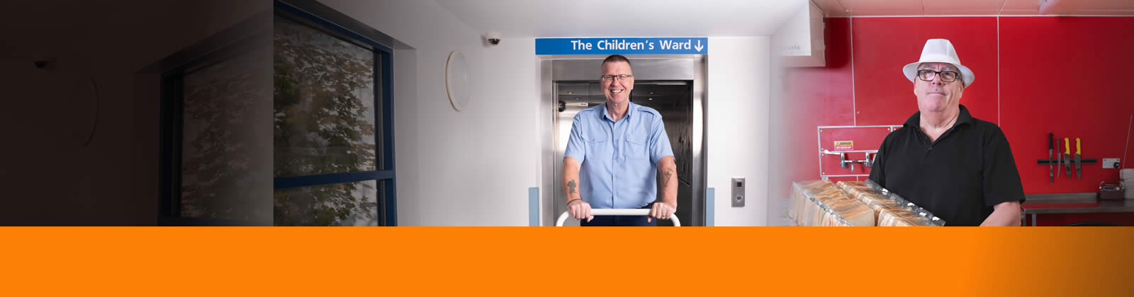 Porter pushing trolley from lift door under 'The Children's Ward' sign and man in kitchen with two rows of sandwiches in plastic packets